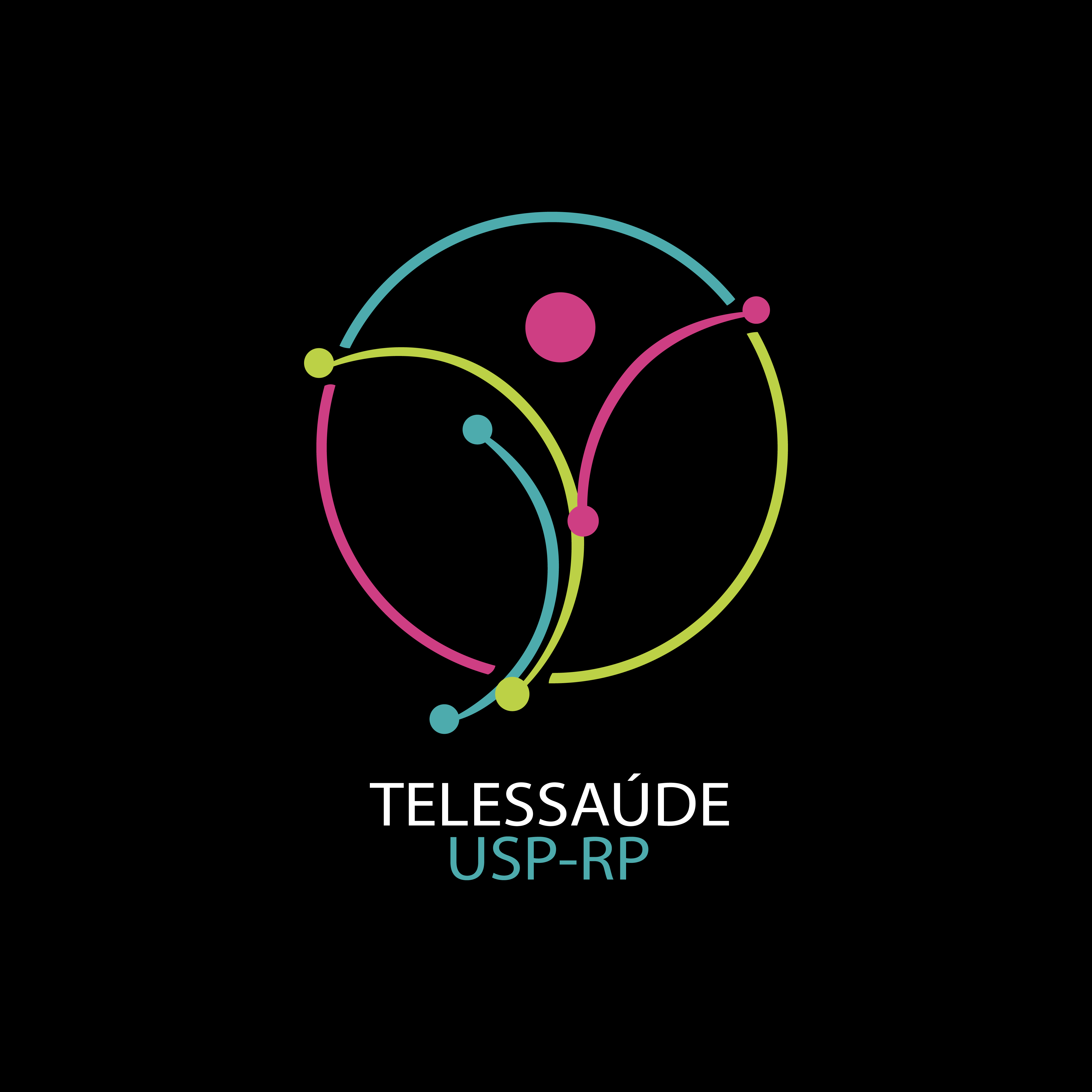 um círculo com conexões internas de cores rosa, azul e verde, que lembram um corpo humano de braços abertos