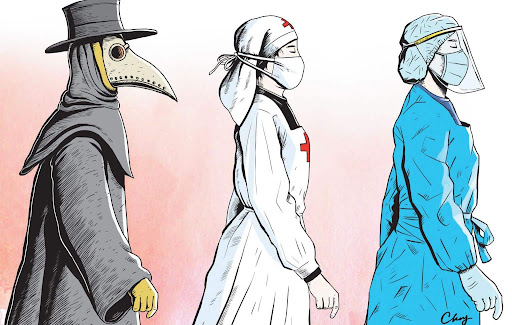 Um médico da idade média durante a peste negra, uma enfermeira da época da gripe espanhola e uma médica da época da Covid-19